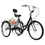 HongKKon 24 Inch Dreirad für Erwachsene, Klappbar Kohlenstoffstahl 3-Rad Fahrrad 7 Gang Adult Fahrrad mit GeträNkehalter und Led Lichter Verstellbarer Sitz Eignet für Erwachsene Verwenden (schwarz)