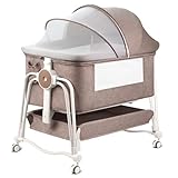 suihuooo 4 In 1 Beistellbett Baby, Reisebett Baby, Babybett 7 Fach höhenverstellbar mit Aufbewahrungskorb & Tragetasche, Licht Kinderbett mit Rollen, Matratze und Moskitonetz（Khaki）