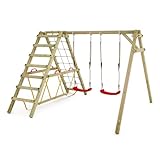 WICKEY Kinderschaukel Schaukelgestell Smart Hike rot - Schaukel & SurfSwing, Schaukelgerüst, Doppelschaukel, Holzschaukel mit Kletteranbau für Kinder im Garten