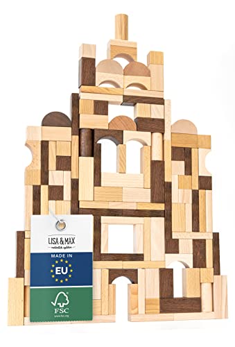 LISA & MAX Premium Holzbausteine (130 Teile) ab 1 Jahr - 100% natürlich, Made in EU, FSC-Buchenholz natürlich geölt -Holz Bausteine für Kinder ab 1 Jahr -Holzbausteine Natur -Bauklötze Holz Baby