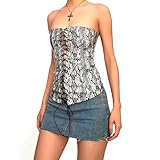 YJZQ Korsett aus PU, Bustier, hohl, Schnürung, Damen, Tank-Top, Punk, Weste, figurbetont, Clubwear, Schlangenschuppenmuster, für Musikfestival, Schwarz/Weiß, L Tall