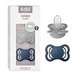 BIBS Supreme Schnuller 2er-Pack, BPA-frei, Symmetrischer Nippel. Silikon, Hergestellt in Dänemark. 0-6 Monate (2er Pack), Cloud/Steel Blue