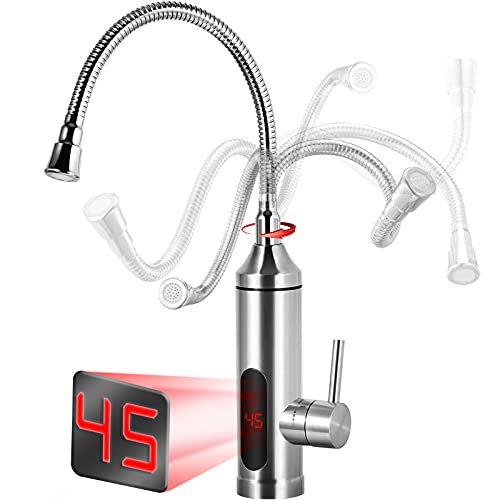 Wasserhahn mit Durchlauferhitzer 3KW, Elektrischer Wasserhahn Küche mit Integriertem, Temperaturanzeige, 360° Swivel Tap
