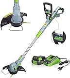 WORKPRO Akku Rasentrimmer 20V mit 2,0Ah Akku und Schnellladegerät, kabelloser Rasenmäher, 25 cm Schnittbreite, 90° drehbarer Trimmerkopf, Teleskop-Stiel, 20tlg. inkl. Nylonmesser für Garten