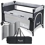 Severno Babybetten, Reisebetten, Beistellbett, Kinderreisebett, Laufstall, für Babys und Kinder ab Geburt bis 15 kg, Kompakt Faltbar, Rollen und Transporttasche, Overnight grau, 120x60 cm