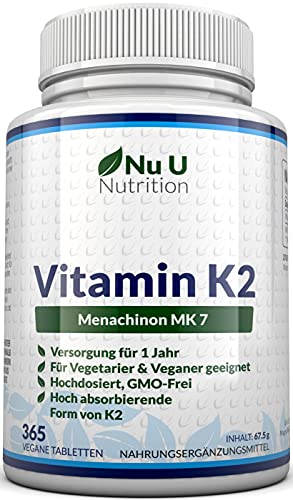 Vitamin K2 MK7 200µg - 365 Vegane Tabletten - All Trans Form - 12 Monate - Vit K2 MK-7 Menaquinon Hochdosiert - Nu U Nutrition