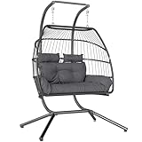 Outsunny Hängesessel mit Gestell faltbar Hängekorb mit Kissen Polyrattan Ergonomisch Hängeschaukel für 2 Personen Outdoor Hängestuhl belastbar bis 260kg Sessel für Balkon Terrasse Dunkelgrau