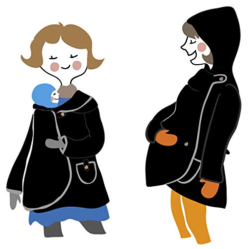 manduca by MaM Tragejacke/Tragemantel  All-in-One MotherHood Coat  Schwangerschafts- und Umstandsjacke mit Kapuze (Polarfleece), Onesize, Knopfverschlüsse (Naturknöpfe), schwarz & graue Paspeln