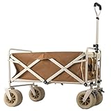 Bollerwagen Faltbar Strand Mit Bremsen, Gartenwagen Transportwagen Strandwagen Klappbar Transportkarre Camping Mit Getränkehaltern, Handwagen Für Einkäufe Im Freien, Gartenarbeit(/Brown)