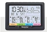 Newentor Funk-Wetterstation mit DCF Empfang - 3 externe Sensoren, Wetterprognose, digitale Uhr & Alarm - Schwarz