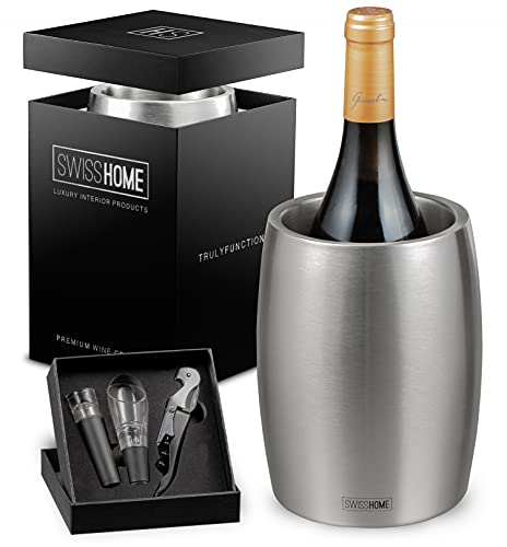 SWISSHOME® - Weinkühler/Sektkühler mit Sommelier-Set (Belüfter, Vakuumverschluss & Flaschenöffner) aus Edelstahl in Premium Geschenkverpackung | Champagner-Flaschen bis 1.5L & Ø 10cm