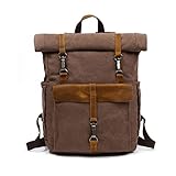 Retro-Rucksack Rolltop-Schultasche Canvas Wandertagesrucksäcke Unisex-Rucksack Reiserucksack passend for 15,6-Zoll-Laptop for Frauen Männer Arbeit Pendler College Schule Leder Büchertasche(C)