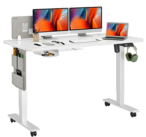 MAIDeSITe Höhenverstellbarer Schreibtisch (140 x 70 cm) Einfache Montage Schreibtisch Höhenverstellbar Elektrisch mit 4 Memory-Steuerung und Kabelmanagement und 360°Rollen Schreibtisch SN1 (Weiß)