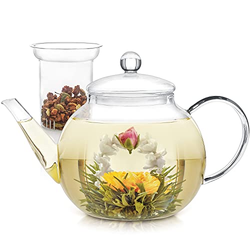 Teabloom Teekanne aus Glas mit herausnehmbarem Tee-Ei für losen Tee - inkl. 2 blühenden Tees - 1,2 l Teekessel und Teekocher