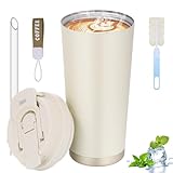 Hejo Thermobecher Kaffee to go Becher, Thermo Kaffeebecher mit Strohhalm aus Edelsthal, 530 ml Auslaufsicherer Isolierbecher mit Deckel, Doppelwandiger Reisebecher für Heiße＆Kalte Getränke (Beige)