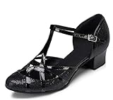 Minitoo qj6133 Damen Geschlossen Zehen High Heel PU Leder Glitzer Salsa Tango Ballsaal Latin t-strap Dance Schuhe, Schwarz Black-3.5cm Heel ,42 EU/8 UK