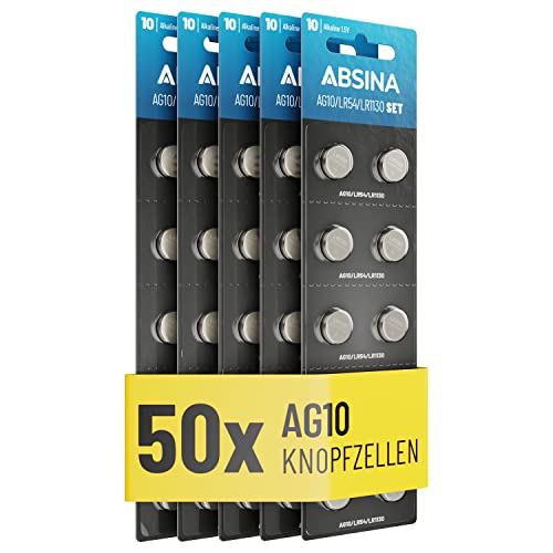 ABSINA AG10 LR1130 Knopfzelle 50er Pack - 1,5V Alkaline Knopfzellen auslaufsicher & mit Langer Haltbarkeit - LR54 / V10GA / RW49 / G10A / 189 / GP189 / L1130 / 89A - Knopfbatterien Batterien Batterie