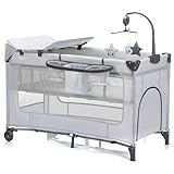 Fillikid Reisebett Capri – Baby Reisebett mit Rollen, höhenverstellbar | inkl. Mobile, Wickelauflage & Einstieg | Faltbares Bett für Babys & Kleinkinder - Grau