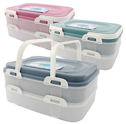Party Container Kuchenbehälter Lebensmittel Transportbox XL mit 2 Etagen und klappbaren Griffen, Farbe:Türkis