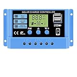TETEOM Solar Laderegler, 30A 20A 10A Solarladeregler 12V 24V Auto-Solarpanel PV-LCD-Controller for Blei-Säure-Batterie, Lithium-Batterie Dual USB(10 A)