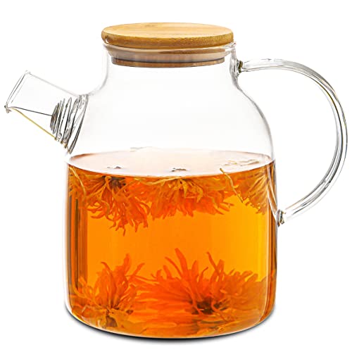 Teekanne Glas 1,5 Liter mit Deckel aus Bambus - Filter im Auslauf - Für heiße und kalte Getränke - Spülmaschinenfest