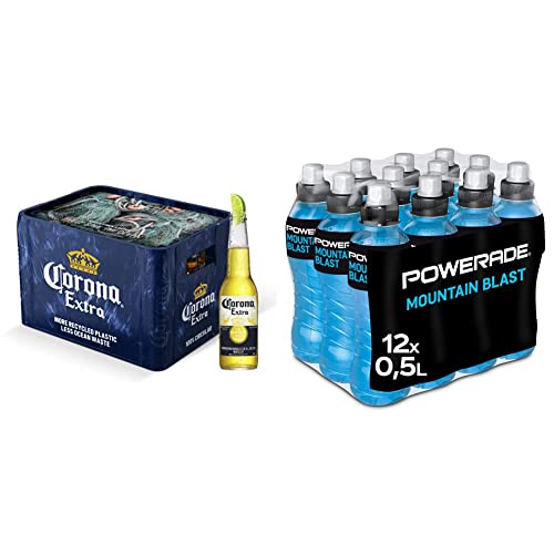 Corona Extra Premium Lager Flaschenbier, MEHRWEG im Kasten, 20er Kiste (20 x 0.355 l) & Powerade Sports Mountain Blast, Iso Drink mit Elektrolyten - EINWEG Flasche 500 ml(12er Pack)