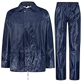 BWOLF HIMALAYA Herren Regenanzug Langarm wasserdicht mit Elastischer Taille Kapuzenjacke Anzug Regenbekleidung Regenjacke + Regenhose 2 Taschen (Blau, L)