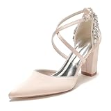 HFWXYSA Damen Blockabsatz 8,5 cm Brautschuhe Strass Knöchelriemen Spitze Zehen Satin Party Brautschuhe Pumps,Champagne,40 EU