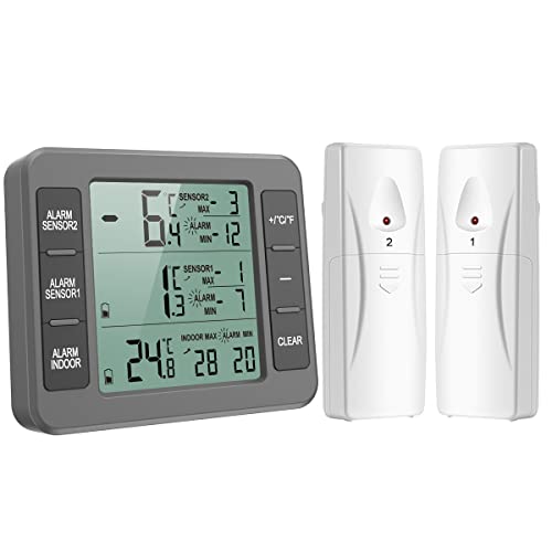 ORIA Kühlschrank Thermometer, Gefrierschrank Thermometer, Kühlschrankthermometer, Innen Außen Thermometer mit 2 Sensoren, Temperatur Alarm Funktion, MIN / MAX, Temperaturtrendanzeige Pfeil - Grau