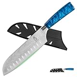 FULLHI Santoku Messer,Multi Farbe 7 Zoll japanisches Messer mit Schutz Küchenmesser mit Scheide (Blaues Harz)