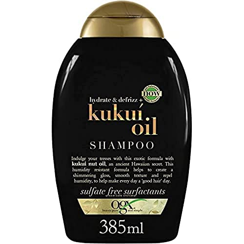 OGX Hydrate & Defrizz + Kukui Oil Shampoo (385 ml), feuchtigkeitsspendendes Haarpflege Shampoo mit Kukuinussöl, exotische Anti Frizz Formel, sulfatfrei