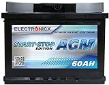 Autobatterie 60Ah AGM 12V - Start Stop Starterbatterie, Kfz Batterie, Pkw Batterie Starterbatterien AGM Batterie Battery 60 Ah Electronicx Langlebig