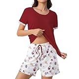 ZOEREA Damen Pyjama Kurz Zweiteiliger Schlafanzug Sommer Pyjama Set Rundhals-Ausschnitt Kurzarm Pyjama Set