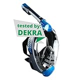 Khroom von DEKRA® geprüfte CO2 sichere Schnorchelmaske Vollmaske Seaview X - Tauchmaske für Erwachsene/Kinder | Schnorchelausrüstung/Schnorchelset Alternative (L-XL, Blau)