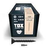 TOX Gipsfaserplattenschrauben FIBR 3,9 x 22 mm, Schrauben schwarz phosphatiert mit Senkkopf + HiLo-Gewinde für Metall- und Holz-Unterkonstruktionen, PH2, 1000 Stück, inkl. 1x Bit, 142643213922