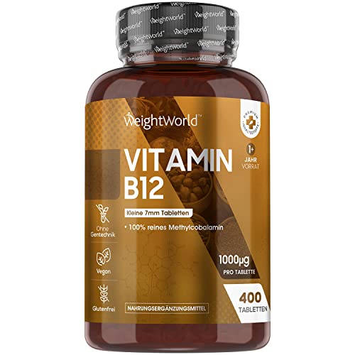Vitamin B12 1000µg Tabletten - 400 Stück - Methylcobalamin B12 - Vegan & Vegetarisch - 1 Vit B12 Tablette alle 2 Tage - Geprüfte & Natürliche Inhaltsstoffe - Pure B12 Tabletten von WeightWorld