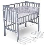 FabiMax Baby Beistellbett für Boxspringbett, TÜV geprüft 2022, inkl. Matratze und Nestchen aus Netzstoff, Buche massiv grau, Air/graue Sterne auf weiß