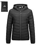 Outdoor Ventures Damen Steppjacke Leichte Packbare Übergangsjacke Warme Winterjacke mit Kapuze für Frauen Gefüttert Pufferjacke mit Taschen für Freizeit Wandern Reisen Schwarz M