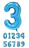 Riesige 101,6 cm große Folienballons mit Zahlen 0–9 blau | nummerierte Ballons 0–9 für Geburtstage, Jubiläen, Partys – Zahl 3