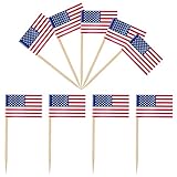 iLamvie 100 Stück USA Zahnstocher Holz,USA Flagge Cocktail Stick,USA Party Spieße Fingerfood,Zahnstocher mit USA Fähnchen für Cake Obst,Cocktail Party Pub Deko