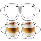 Doppelwandige Kaffeetassen,Cappuccino Tassen,Glastassen mit Henkel,Espressotassen,Latte Macchiato Brillen,Hitze und Kältebeständigkeit,für Cappuccino,Latte,Tee,Milch,Bier(4 x 250 ml)