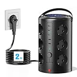 Pluackg Mehrfachsteckdose mit 5 USB, 12 Fach Steckdosenleiste mit Schaltbar Überspannungsschutz, 2M Verlängerungskabel Steckdosenturm Mehrfachstecker für Zuhause, Büro Schwarz