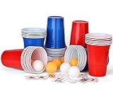 AEIWUMOK Beer Pong Becher,(50 Beerpong Becher 10 Bällen) Bierpong Becher Set,480ml Beerpongbecher mit Bällen,Partybecher 25 Rot und 25 Blau 16.23oZ,mehrwegbecher Für Party Trinkspiele - Groß