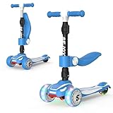 SEJOY Kinder Roller mit LED-Rädern, 3-Stufen Höhenverstellbar 55-76cm, Extra Breites Deck, Blau, für Alter 3-12 Jahre