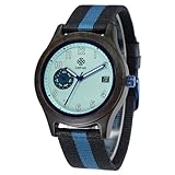 Zeitholz Thum Holzuhr für Herren – Holzgehäuse 40 mm – Monatskalender – leuchtende Zeiger – leichte ökologische Uhr mit Stoffband 20 mm (Aqua)