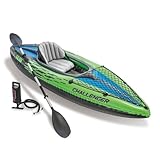 Intex Challenger K1 Kayak 1 Man Inflatable Canoe with Aluminum Oars and Hand Pump, Green/Blue