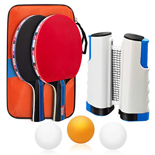Baozun Tischtennisschläger Set, Tischtennis Set Tischtennis-Schläger mit 2 Tischtennisschlägern, 3 Bällen, Ausziehbare Tischtennisnetz und Tasche