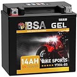 BSA YTX14-BS GEL Roller Batterie 12V 14Ah 230A/EN Motorradbatterie doppelte Lebensdauer entspricht 51214 YTX14-4 CTX14-BS GTX14-BS vorgeladen auslaufsicher wartungsfrei