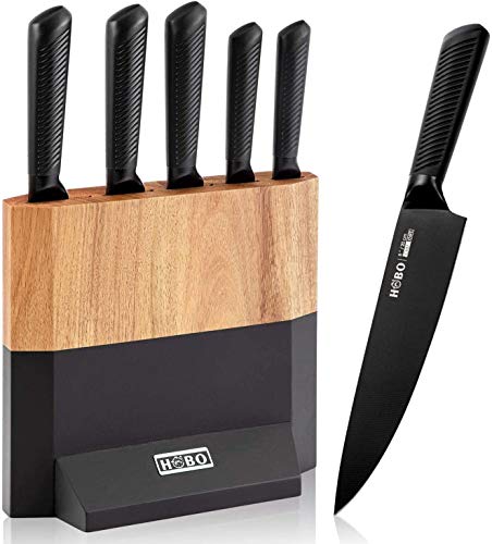 Messerblock Set, HOBO 6-teiliges Messer set mit Antihaftbeschichtung, Küchenmesserset mit Kochmesser/ Brotmesser/Schneidemesser/Schälmesser, Messer aus Japanischer Edelstahl, Scharfes/Rutschfester