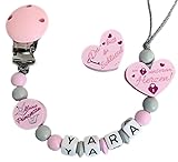 Schnullerband mit Namen für für Mädchen Baby Geschenk personalisiert zur Geburt & Taufe kleine Prinzessin & Schlüsseln zu unseren Herzen Motiv in Rosa Grau